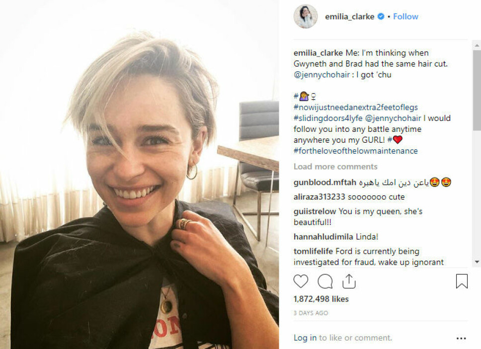 KORTERE HÅR: Emilia Clarke med den hittil korteste hårfrisyren vi har sett.