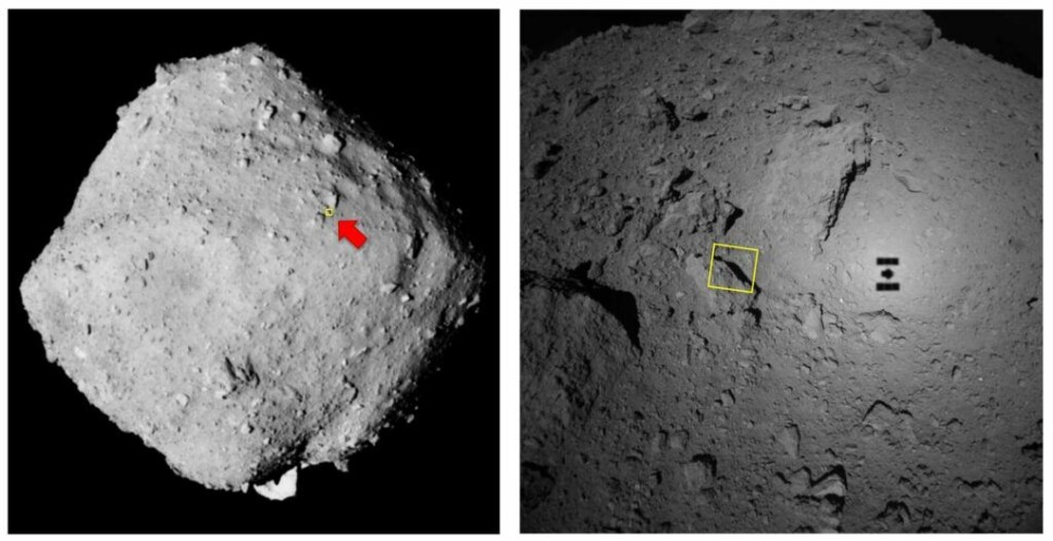 Disse bildene viser hvor på asteroiden bildet over ble tatt.