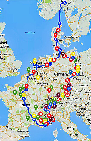 Kart over reiserute med ladestopp, campingplasser og severdigheter. Foto: Privat.