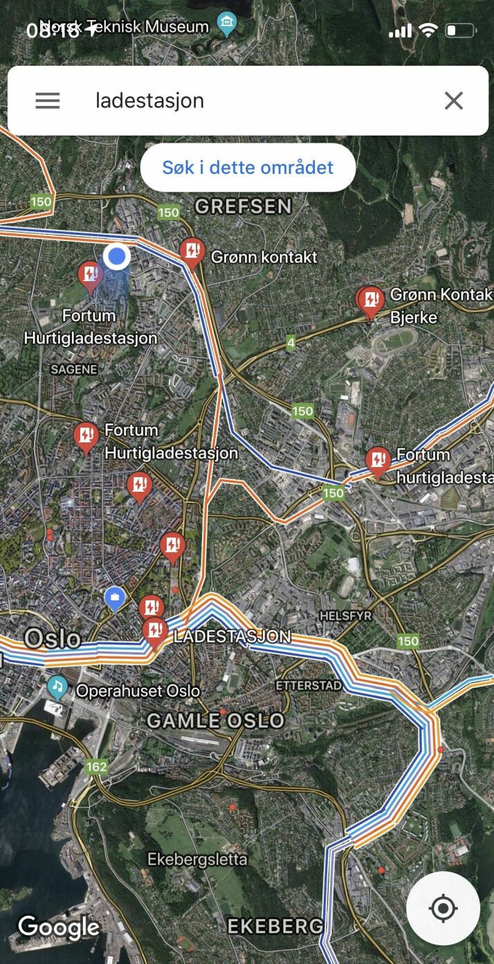 GOOGLE MAPS: Her er oversikten over ladestasjoner Google Maps gir i skrivende stund.