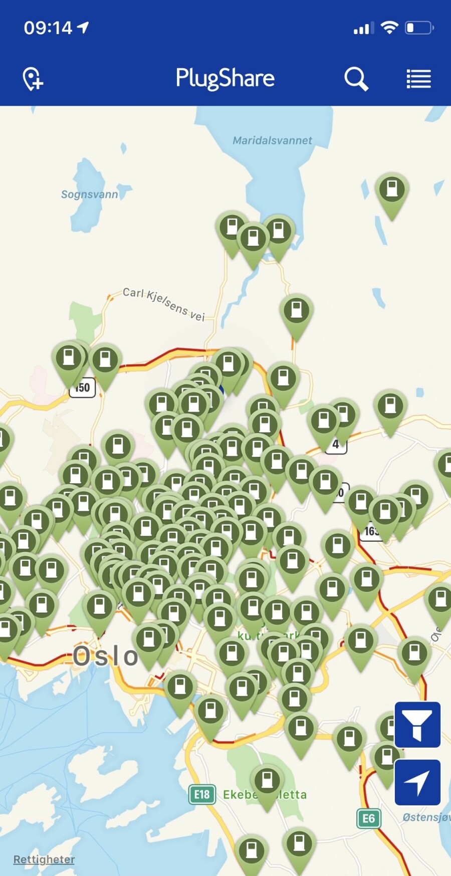 PLUGSHARE: Oversikten i PlugShare viser at det egentlig finnes en god del flere stasjoner tilgjengelig ...