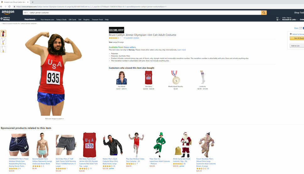 FÅR KRITIKK: En av salgssidene til det mye omtalte «Caitlyn Jenner-kostymet» på Amazon.