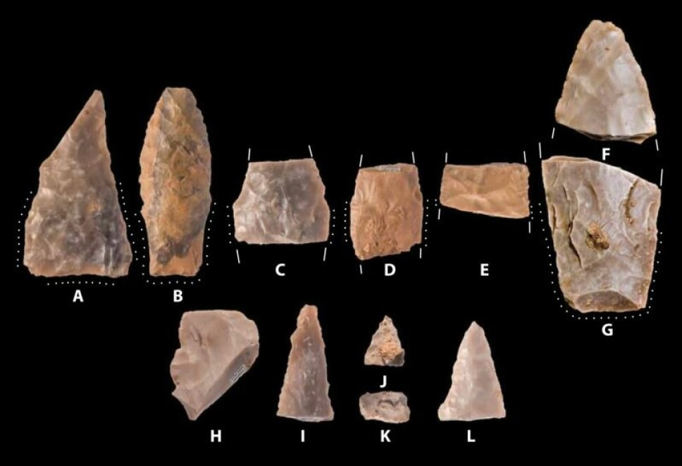 <b>FUNNET:</b> Disse urgamle spydspissene er funnet ved utgravningsfeltet i Texas. Ifølge arkeologer er de eldre enn Cloviskulturen, som er blitt ansett som den første til å bosette seg i Nord-Amerika. Foto: Waters et al., 2018 via Science Advances