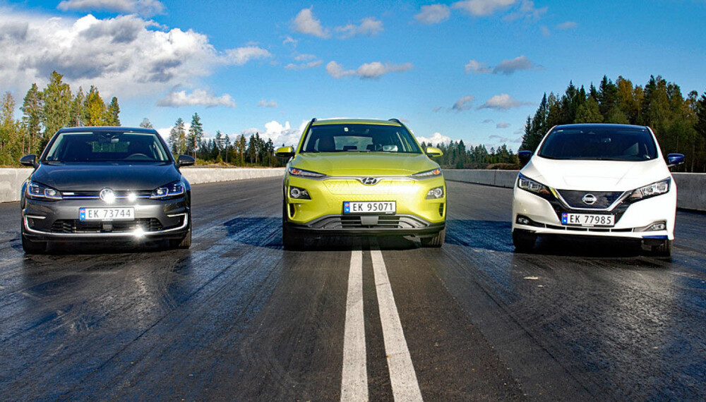 Tre populære elbiler i test, (f.v.) VW e-Golf, Hyundai Kona og Nissan Leaf.