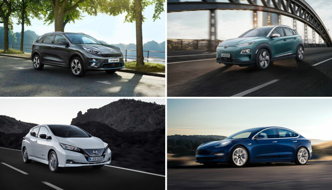 <b>FIRKLØVER:</b> Kia e-Niro, Hyundai Kona Electric og Model 3 er alle seriøse utfordrere til Nissan Leaf. Leafen er den eneste elbilen nordmenn i skrivende stund kan få tak i på relativt kort tid, men fra 2019 begynner konkurrentene å rulle sine produkter ut på norske veier.