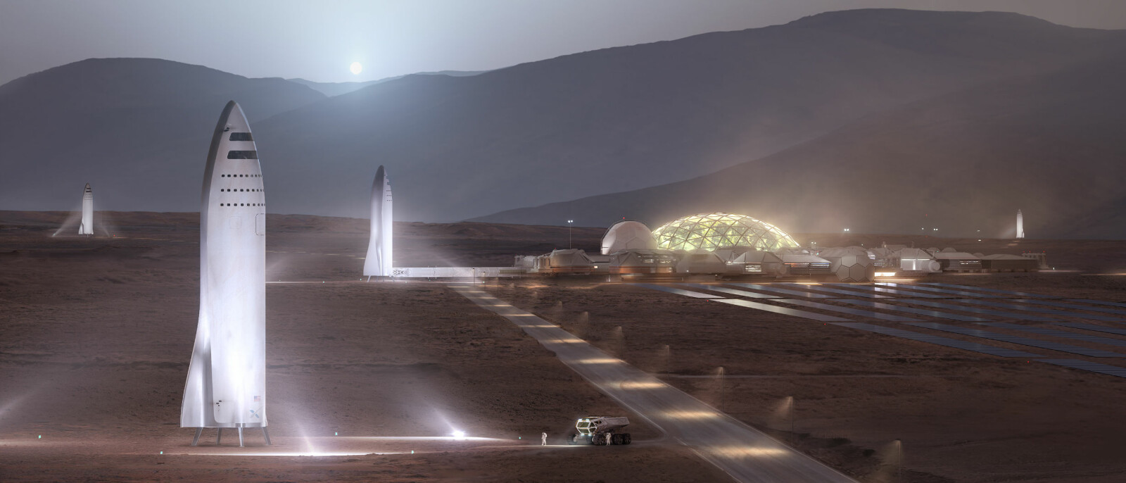 <b>MARS-KOLONI:</b> Petranek tror 50.000 mennesker kan komme til å bo på Mars i 2050. Slik forestiller SpaceX seg at en begynnende koloni kan se ut.