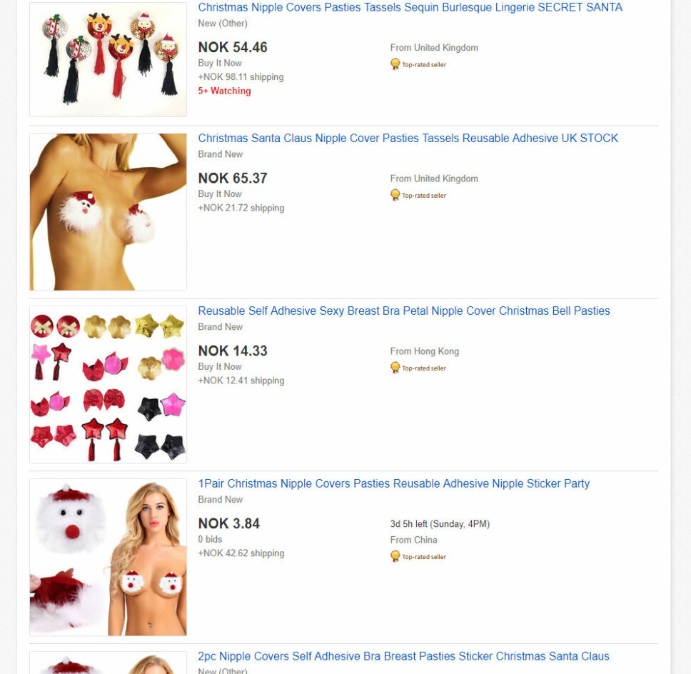 ALT MAN KAN FÅ KJØPT: Et raskt søk på eBay resulterte i mange *kremt" interessante funn innenfor categorien «christmas nipple covers».