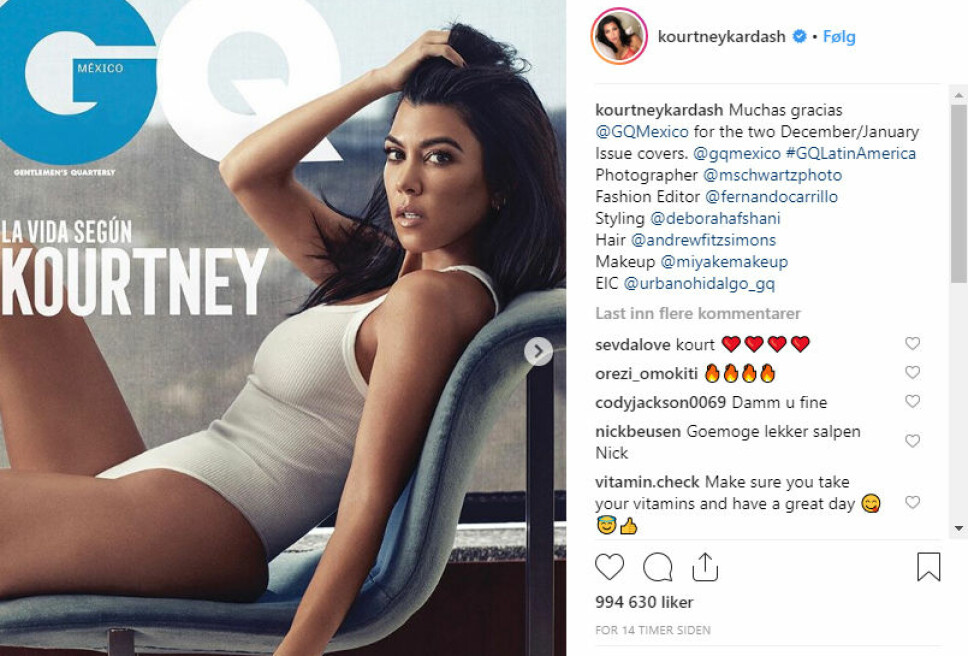 LETTKLEDD: Kourtney Kardashian er, i likhet med søstrene sine, ikke fremmed for å spille på kropp når hun fotograferes. Hun pryder forsiden av GQ Mexicos desember-/januar-utgave.