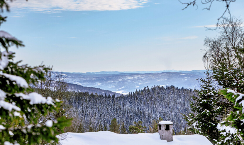 Utsikt. Hytta ligger vakkert til i Buskerud, mellom Numedal i vest og Hallingdal i øst. Herfra er det bortimot seks kilometer å kjøre ned til Eggedal.