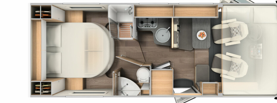OMMØBLERING: Sunlight har alkove-
biler så vel som del- og hel integrerte bobiler. En nyhet var 6,99 meter lange 
og helintegrerte A-Class I69 S, som 
hadde nytt grunnriss, blant annet 
med midtplassert dobbeltseng.
