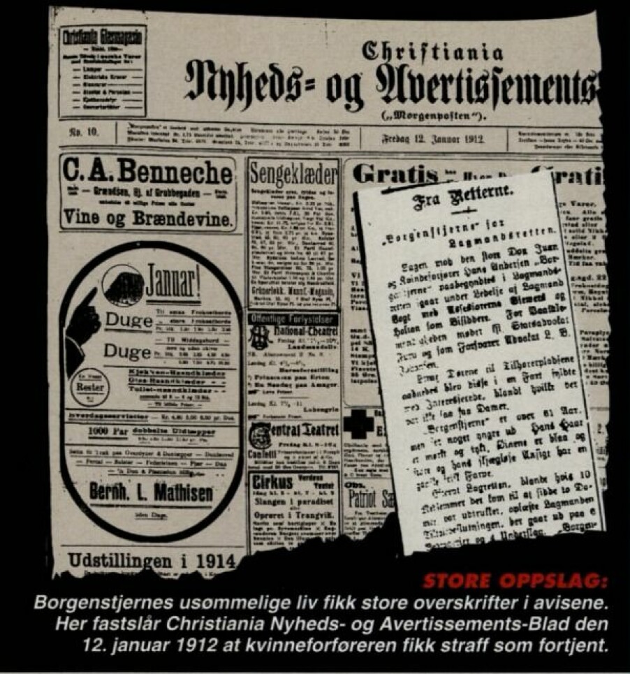 Borgenstjerne skapte store avisoverskrifter. Her slår Christiania Nyheds-og Advertissementblad fast at svindleren fikk som fortjent.