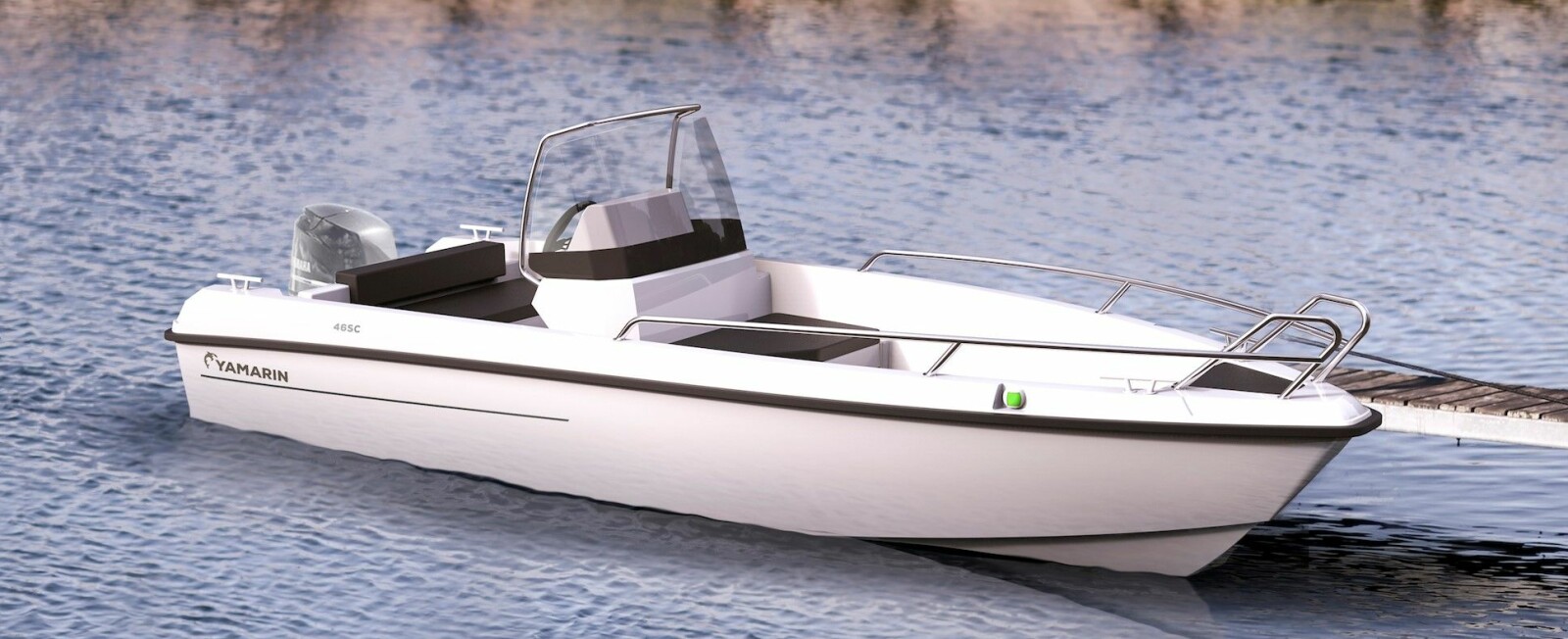 <b>YAMARIN 46 SC: </b>Den første 3D-illustrasjonen av Yamarin 46 SC viser en båt med rene, enkle linjer.