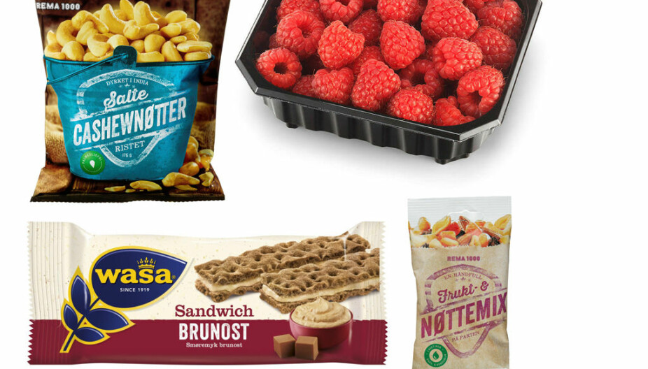 Cashewnøtter, frukt og nøttemiks, bringebær og sandwich med brunost. Cashewnøtter, frukt og nøttemiks, bringebær og sandwich med brunost.