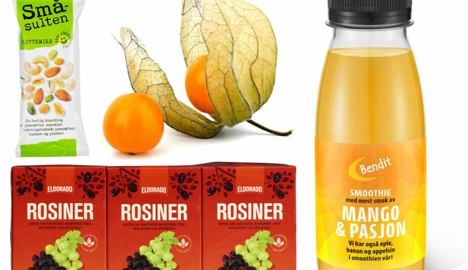 Småsulten nøttemiks, physalis, rosiner og Bendit smoothie med mango og pasjon. Småsulten nøttemiks, physalis, rosiner og Bendit smoothie med mango og pasjon.
