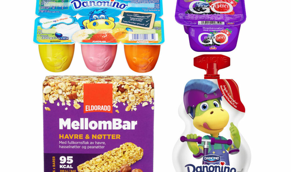 Danomino-yoghurt, mellombar med havre og nøtter og Go`morgen-yoghurt med skogsbær. Danomino-yoghurt, mellombar med havre og nøtter og Go`morgen-yoghurt med skogsbær.
