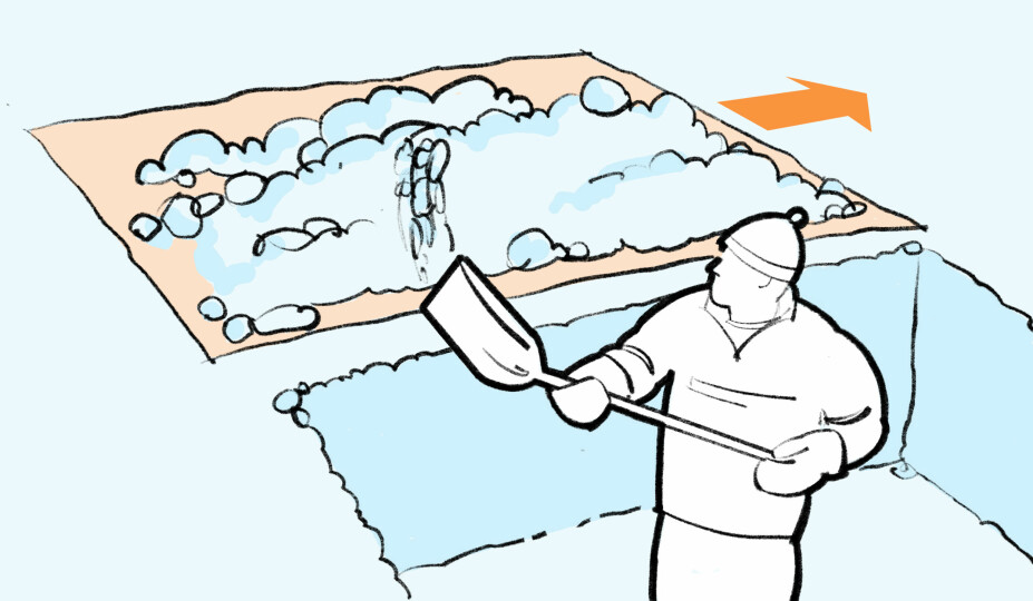 FLYTTE SNØ: Presenning. Snøen kan flyttes i to trinn. Først spade, så en presenning, pulk eller annet for å transportere den bort fra hytteveggen. FLYTTE SNØ: Presenning. Snøen kan flyttes i to trinn. Først spade, så en presenning, pulk eller annet for å transportere den bort fra hytteveggen.