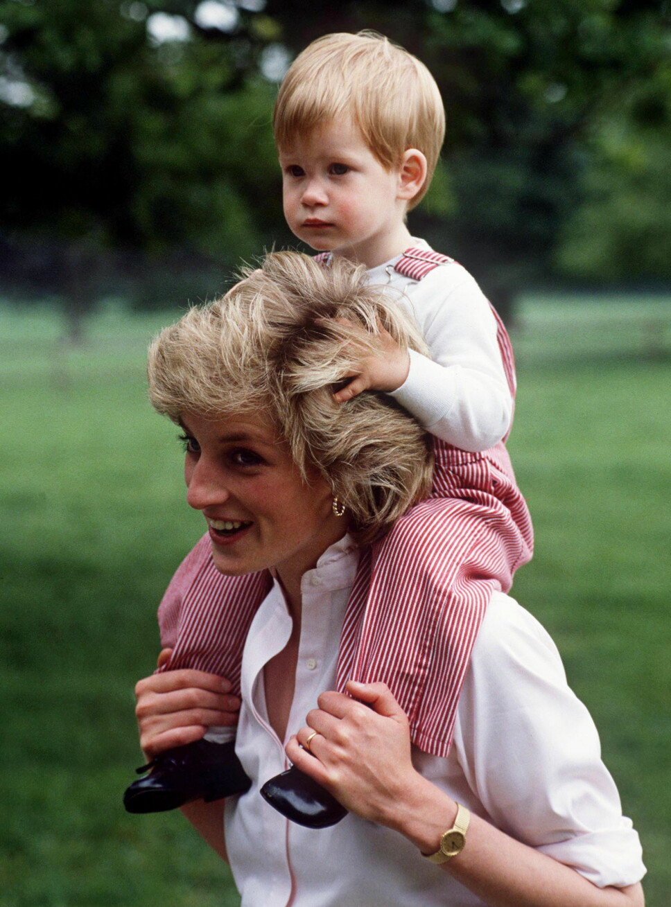 OMKOM: Prinsesse Diana døde som kjent i en bilulykke i Paris i 1997 etter å ha blitt jaget av paparazzier gjennom byen. Her er hun fotografert med prins Harry på skuldrene sommeren 1986.