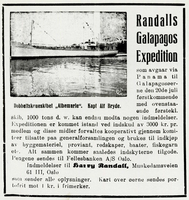 <b>ANNONSEN: F</b>aksimile Gudbrandsdølen juli 1926. Impresarioen Harry Randall samlet hele 80 investorer som dro til Galapagos for å søke lykken som gårdbrukere.