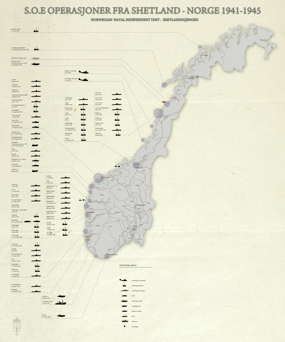 <b>FRA BOKA:</b> Oversiktskartet viser innsettingsoperasjonene fra Shetland til Norge. Ikke alle disse ble utført av Shetlandsgjengen. Innsetningen av Vestige IV sør for Egersund er ikke med.
