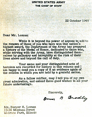 <b>ANERKJENNELSE:</b> 30 år etter bragdene fikk Berger Loman en personlig hilsen fra general Omar Bradley,
