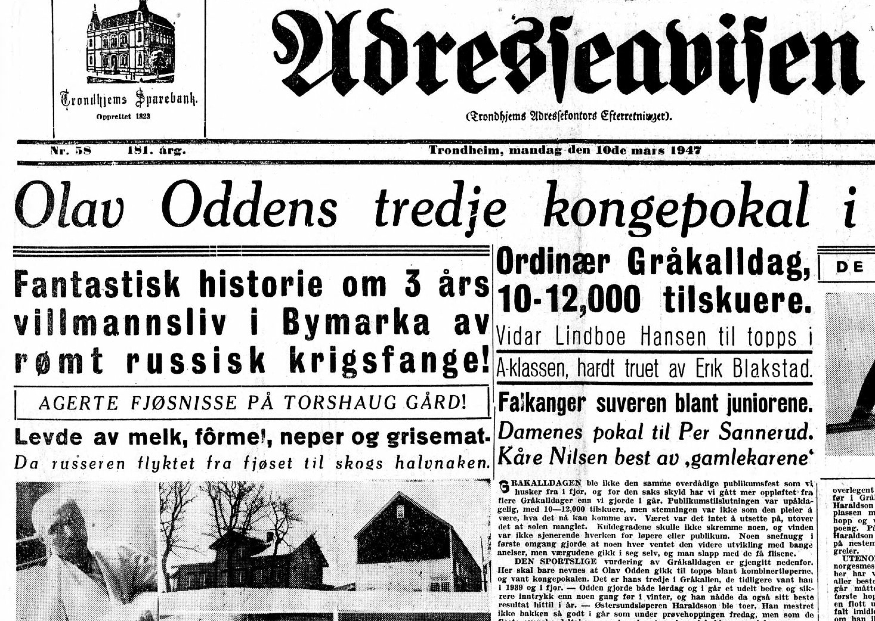 SENSASJON: Det ble slått stort opp på Adresseavisens forside da Rambovski ble funnet i 1947. På det ene bildet ser vi Vasili etter at han ble barbert på hodet på grunn av lus. Først da han fikk en utgave av Pravda (bildet), innså ukraineren at krigen faktisk var slutt.