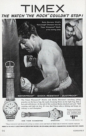 <b>HARDTSLÅENDE ANNONSE:</b> Timex´ reklamer er ikoniske, blant annet takket være tungvektsbokser Rocky Marciano og andre kjendiser. 