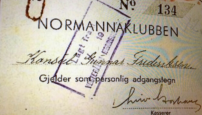 <b>NS-KLUBB:</b> Alf Larsen Whist etablerte"Normannaklubben", en eksklusiv klubb for NS-folk i Frimurerlosjens lokaler i Oslo. Her medlemskortet til en annen økonomisk landssviker, Gunnar Frederiksen.