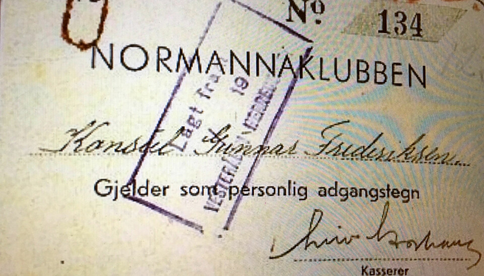 NS-KLUBB: Alf Larsen Whist etablerte'Normannaklubben', en eksklusiv klubb for NS-folk i Frimurerlosjens lokaler i Oslo. Her medlemskortet til en annen økonomisk landssviker, Gunnar Frederiksen.