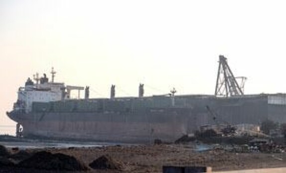 <b>FORBUDT:</b> Skipet «Arctic Ocean», et bulkskip bygd i Sør-Korea i 1990, ligger på Alang-stranda og venter på sin skjebne. Jeg skulle så gjerne vandret bort til arbeiderne og skipet og tatt bilder, men slikt er strengt forbudt i Alang. Dette bildet tok jeg etter å ha sneket meg inn til skipsgravplassen.