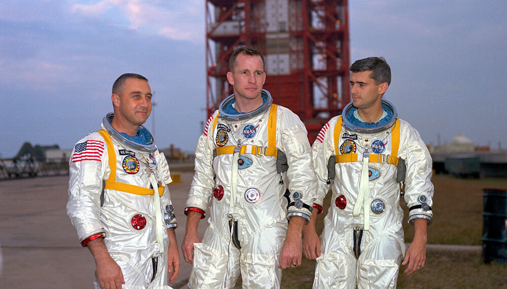 <b>TEST:</b> Apollo 1-astronautene; fra venstre Gus Grissom, Ed White og Roger Chaffee i sine romdrakter før en prøve ved Cape Kennedy Air Force Station. 