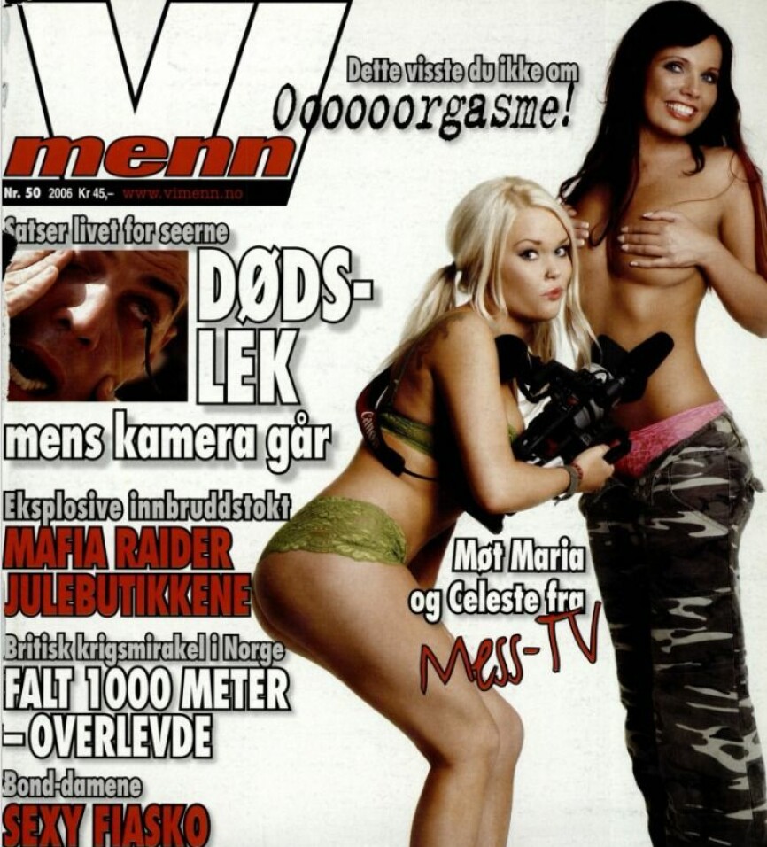 TV-KJENDISER: Maria og Celeste fra Mess-TV hadde en leken dag i fotostudio. Mess-TV-programlederne lot seerne bestemme om de skulle på forsiden av Vi Menn.