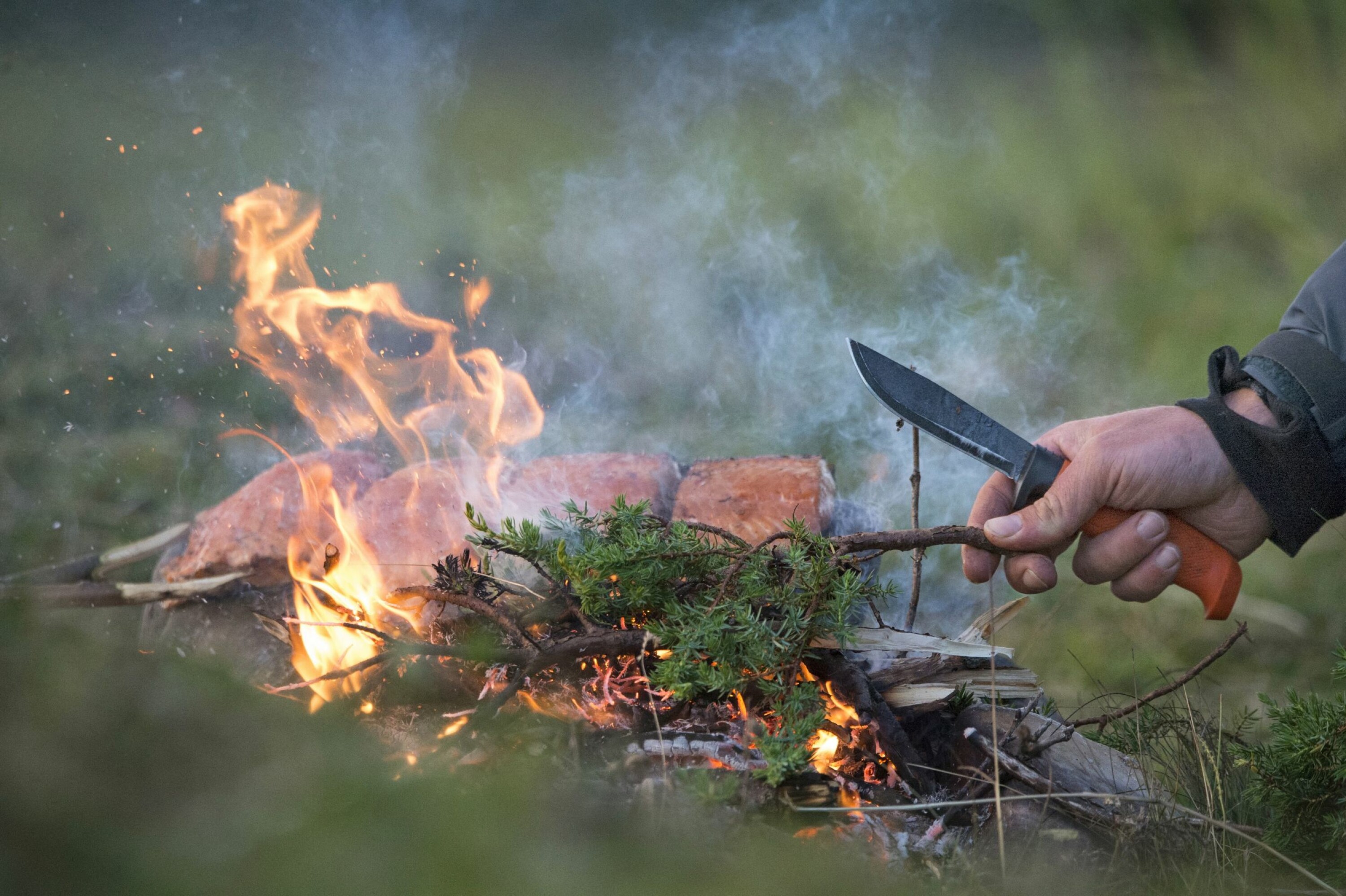 ILD OG RØYK: Einer brenner godt, selv om den er fersk. Dessuten setter den god røyksmak på fisken.