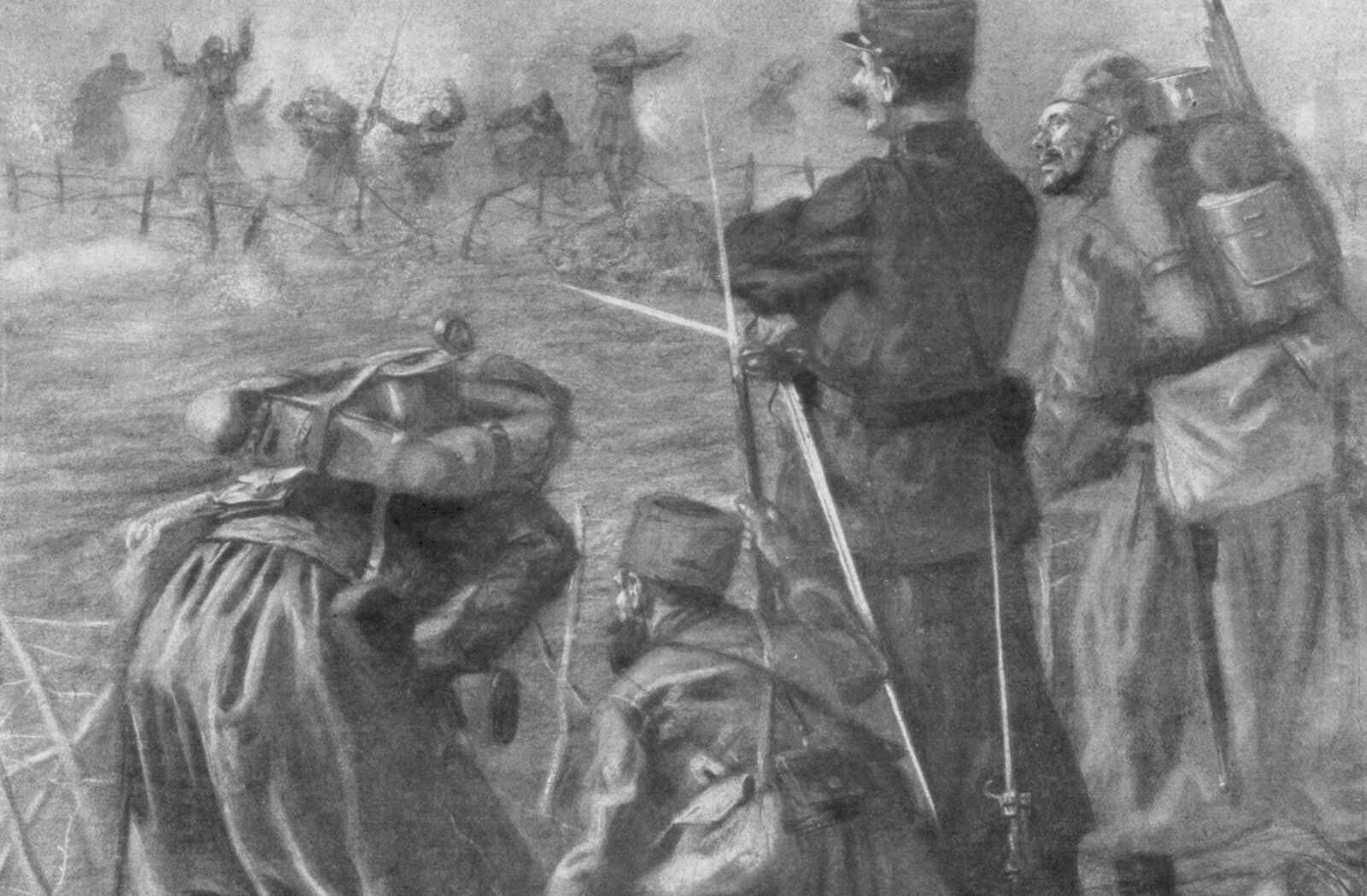 <b>FØRSTE KLORGASSDØD:</b> Franske og algeriske soldater (zouaves) segner om under det andre slaget ved Ypres i Belgia 22. april 1915. Mot slutten av krigen hadde begge krigførende parter en utstrakt bruk av giftgass.