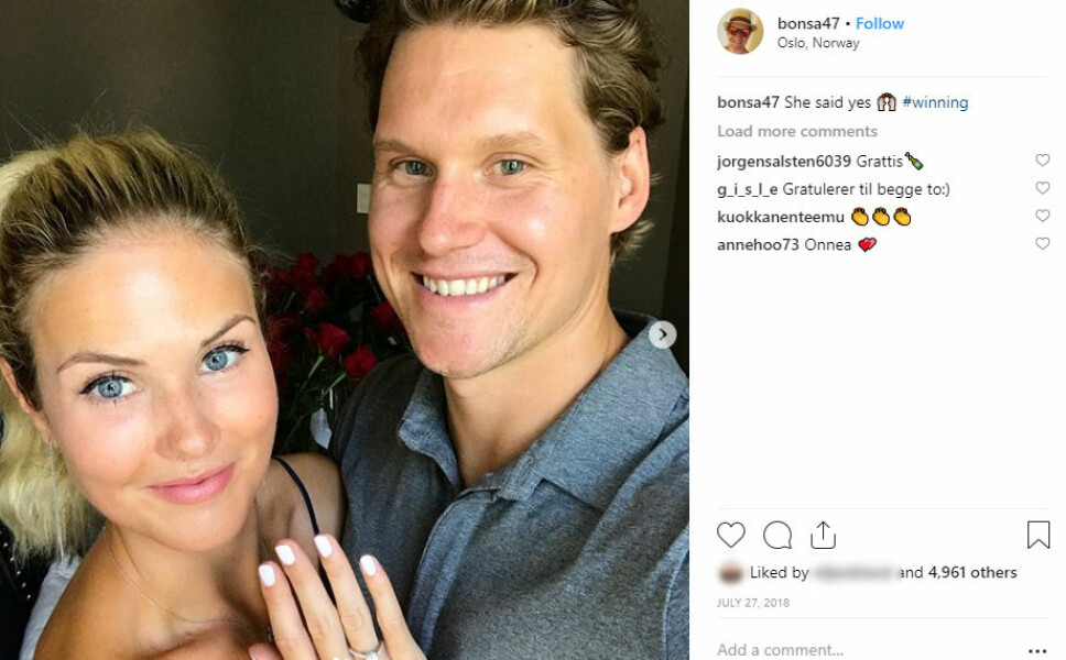 LIKE FORELSKET: Silje Norendal og ishockeyspilleren Alexander Bonsaksen gleder seg til å bli mann og kone.