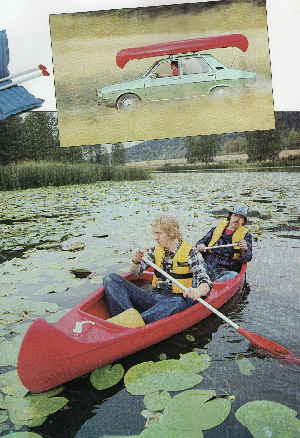 BRØDRENE DAL: Det er nesten så vi ser brødrene Dal seile nedover Overfloden på et av sine mange eventyr. Og liker den tidsriktige Renault 12 som brukes til å frakte kanoen til nye vassdrag.