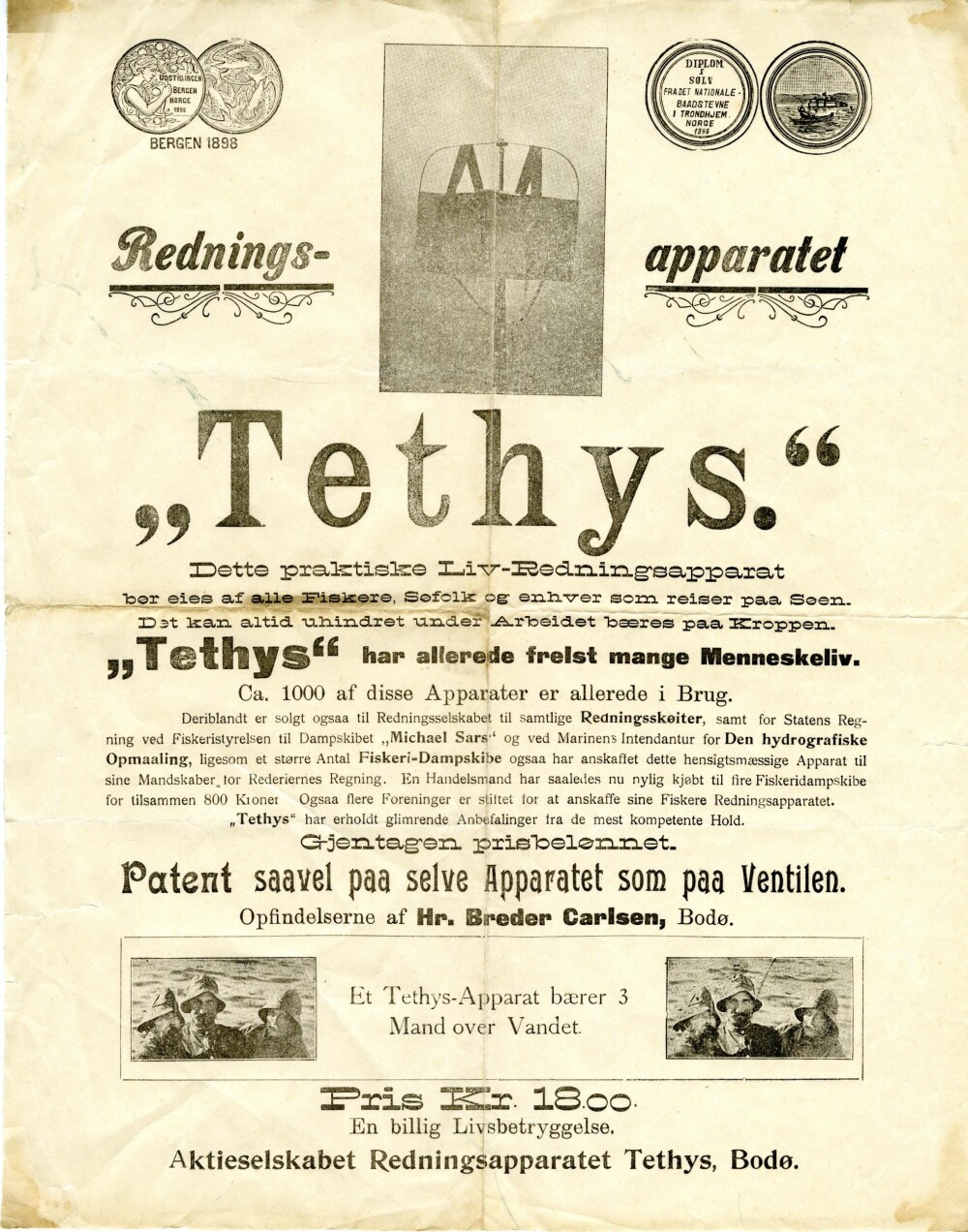 <b>PLAKAT:</b> Reklame for redningsapparatet Tethys som angivelig skal være solgt i cirka 1000 eksemplarer.