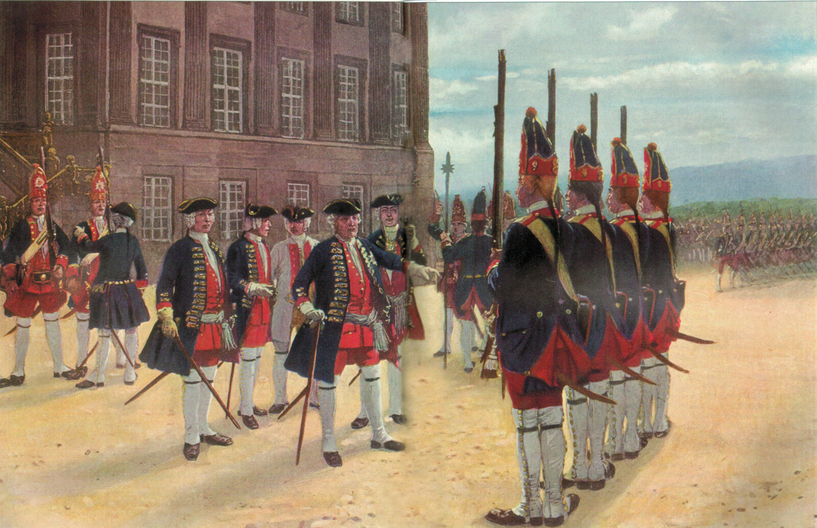 <b>INSPEKSJON:</b> Oppstilling av Infanteriregiment nr. 6 som var kongens favorittregiment. Kong Friedrich l. Inspiserer sine røde grenaderer.