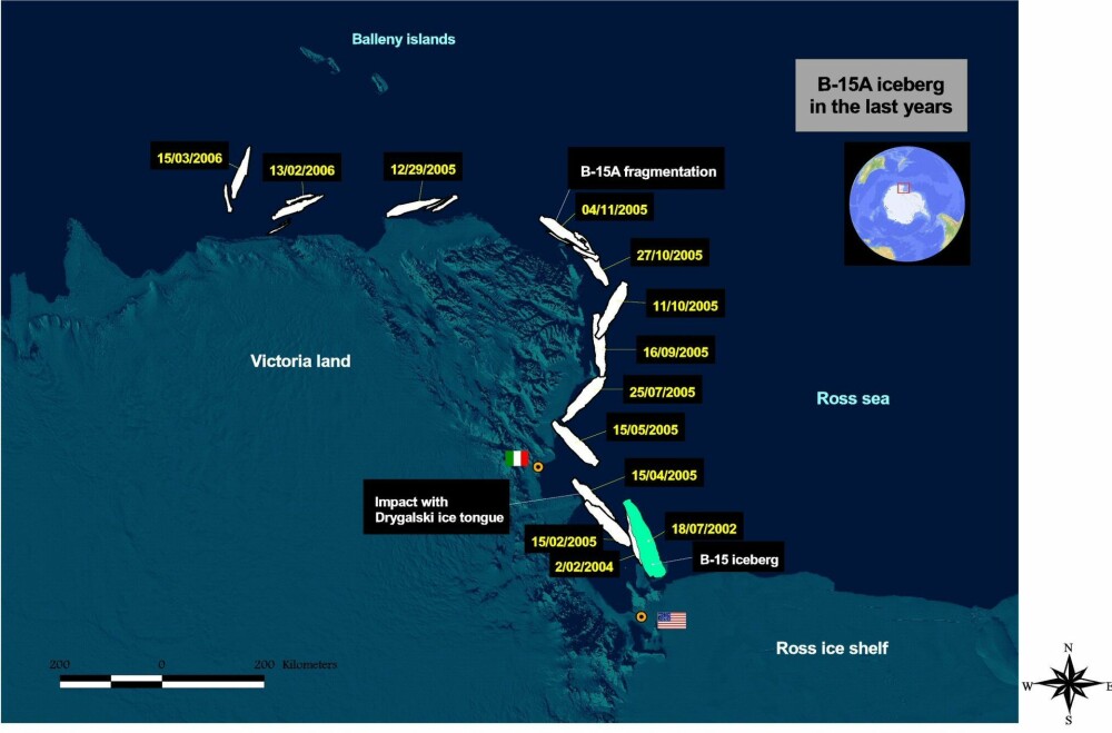 <b>REISERUTEN:</b> Her er reiseruten til isfjellet B-15 fra juli 2002 til mars 2006. Bildet viser også hvor isfjellet krasjet med Drygalski-istungen.