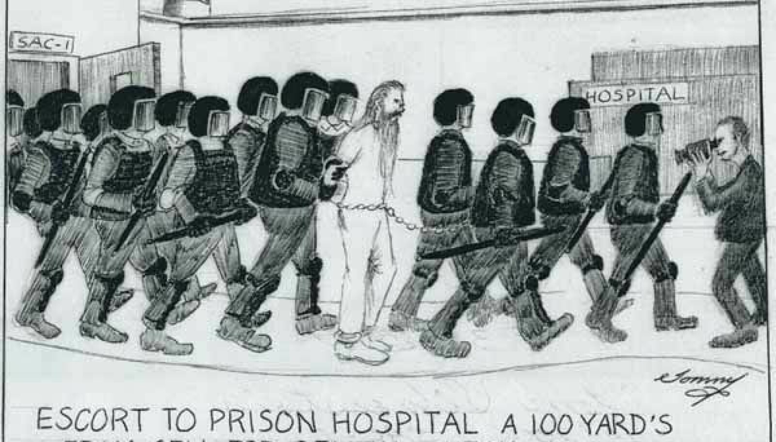 <b>KUNSTNERSPIRE:</b> Thomas Silverstein har tegnet seg selv der han blir eskortert til sykehuset 100 meter fra cellen.