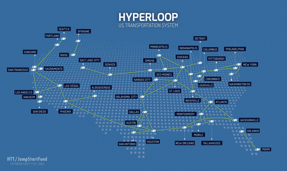 BARE RØR: Sånn ser man for seg at USA kan bindes sammen med Hyperloop.