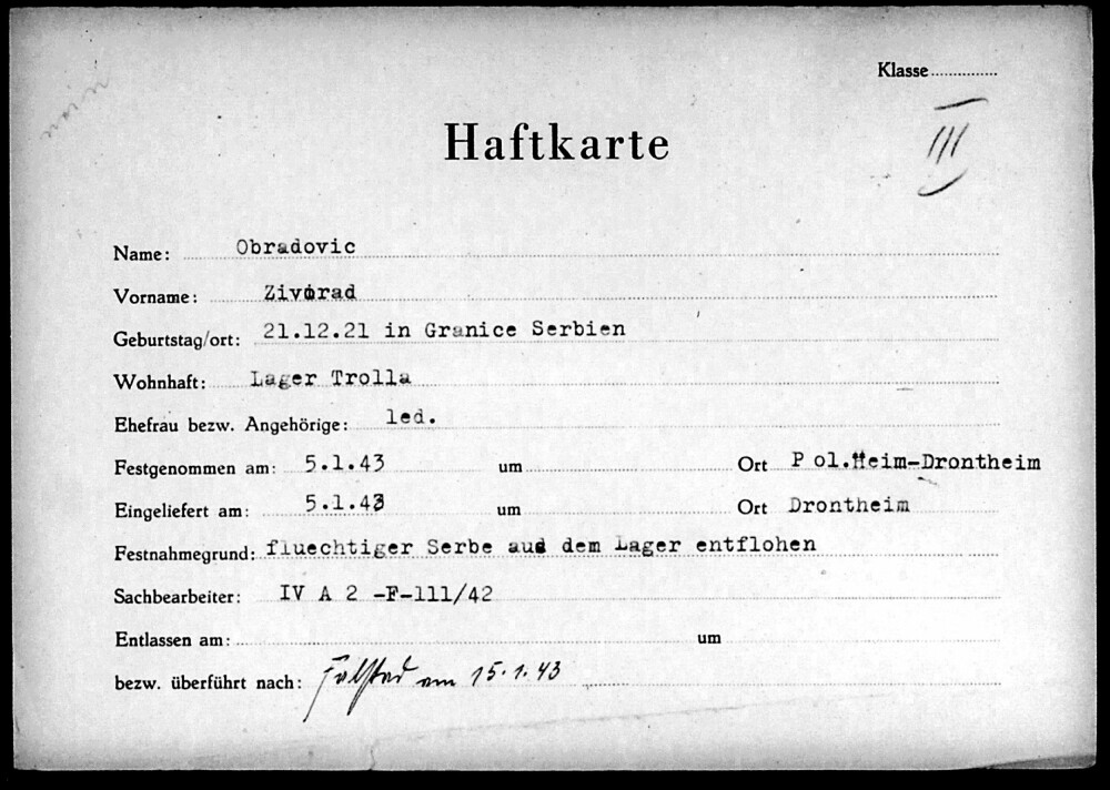 <b>DOKUMENTET:</b> Her er fangekortet til Zivodar Obradovic, datert 5.1.1943.
