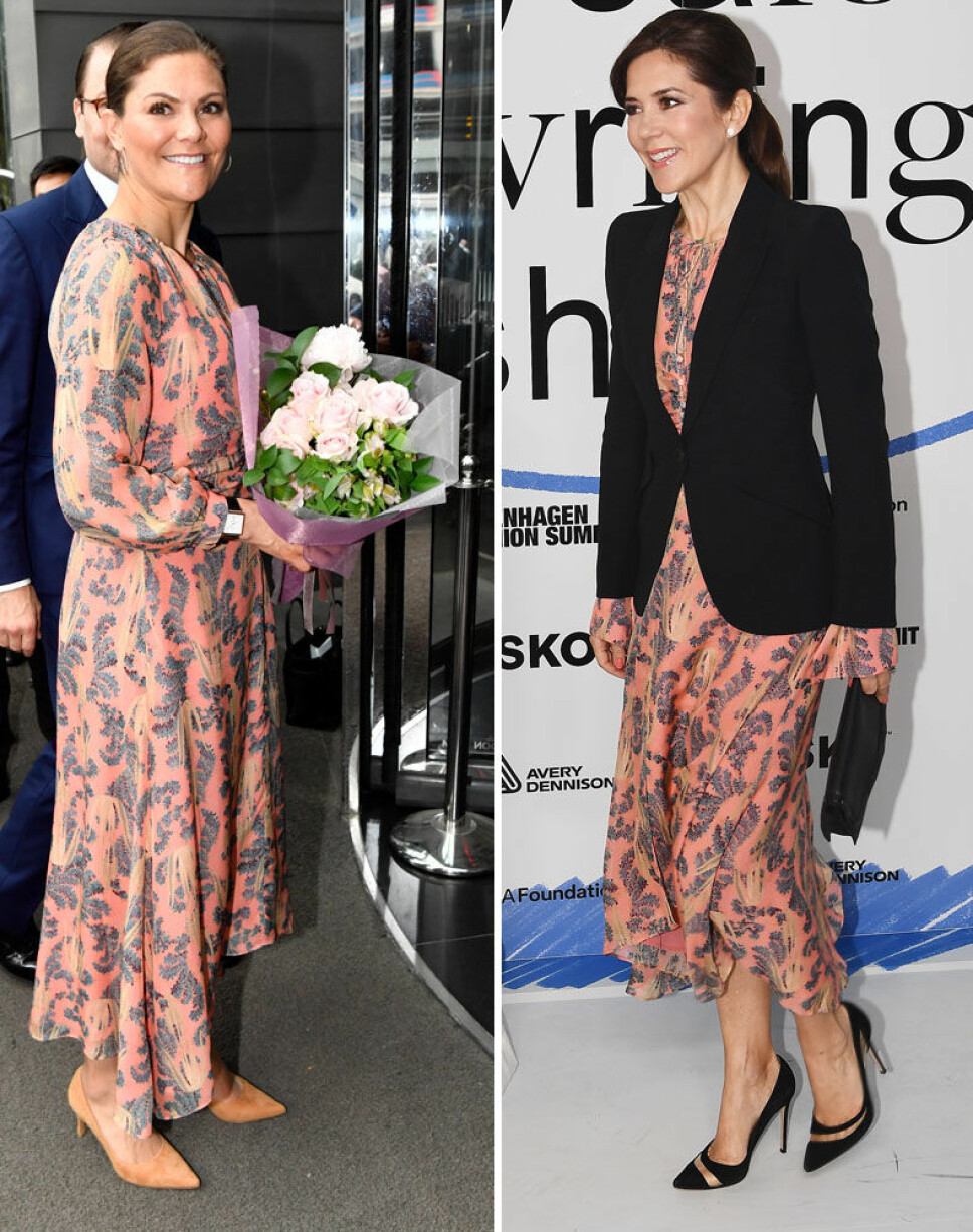 NYDELIG: Kronprinsesse Victoria strålte i den korallfargede kjolen. Til høyre, kronprinsesse Mary som hadde på kjolen 15. mai på Copenhagen Fashion Summit.