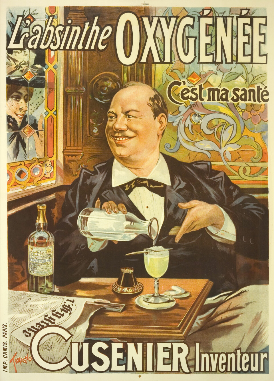 MUNTERT: Det er bedre stemning på denne reklameplakaten signert Nicholas Tamagno. Den viser den franske komikeren Joseph-François Dailly (1839–1897) som nyter sin absinthe oxygenee.