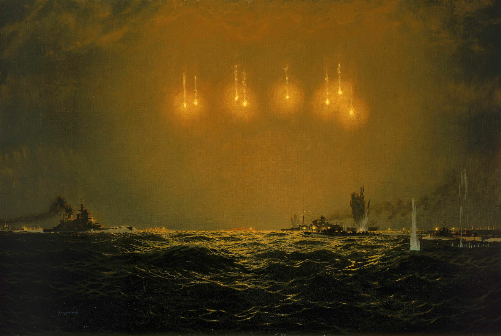 <b>SLAGET VED NORDKAPP:</b> Maleriet til Charles Pears beskriver de siste minuttene før Scharnhorst ble senket.