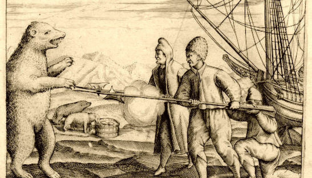 <b>ALDRI FRED Å FÅ</b> Mannskapene til Barents sloss med en isbjørn. Tegning fra 1596 av Gerrit de Veer