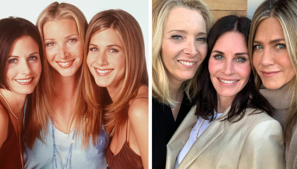 GJENFORENT: Den 15. juni feiret Courteney Cox sin 55-årsdag, og Jennifer Aniston og Lisa Kudrow var til stede for å feire venninnen. Bildet til venstre er fra «Friends» i 1997. Hvem kunne trodd at det er 22 år mellom bildene?