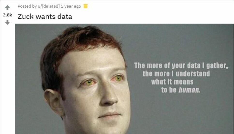 <b>MENNESKE:</b> Et eksempel på et Zuckerberg-meme, hentet fra Reddit. Nettstedet har en egen underkategori kalt «Zuckmemes»