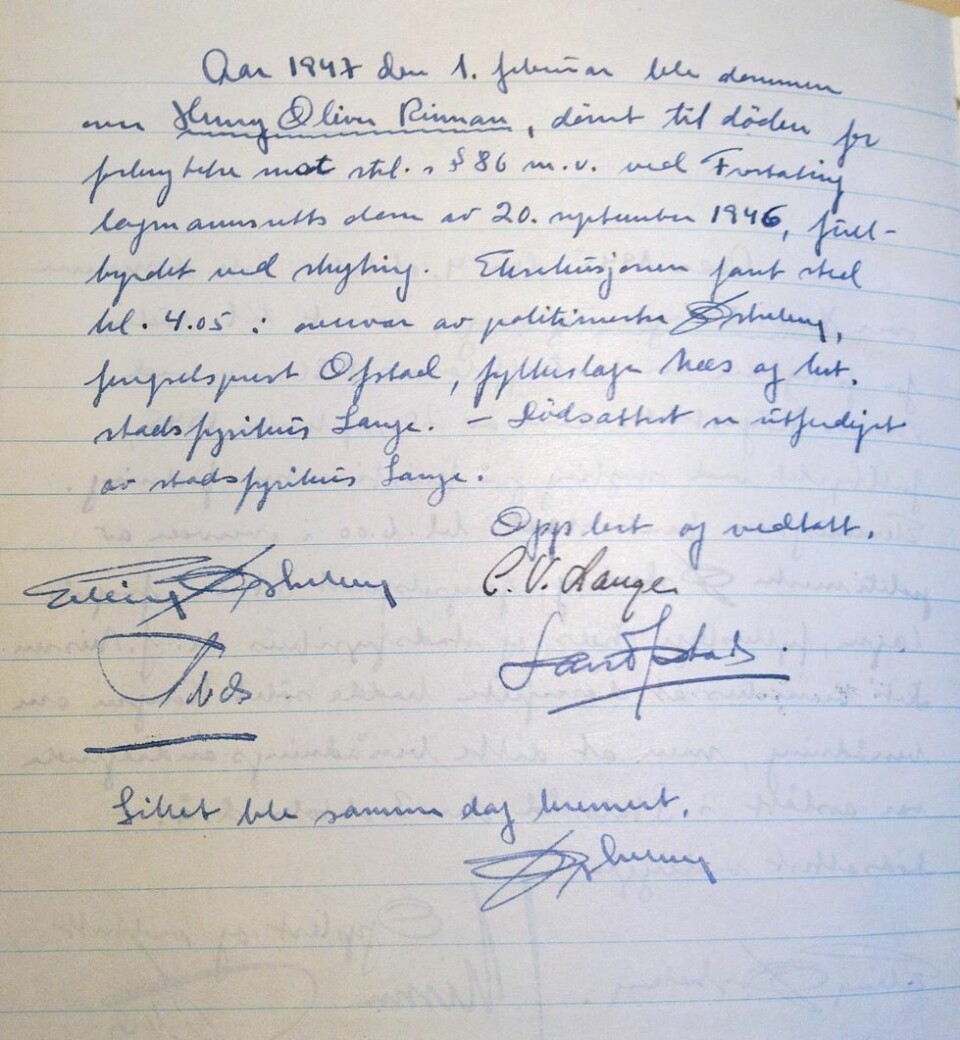 HENRETTELSESPROTOKOLL: Dokumentet som bekrefter henrettelsen av Henry Rinnan.