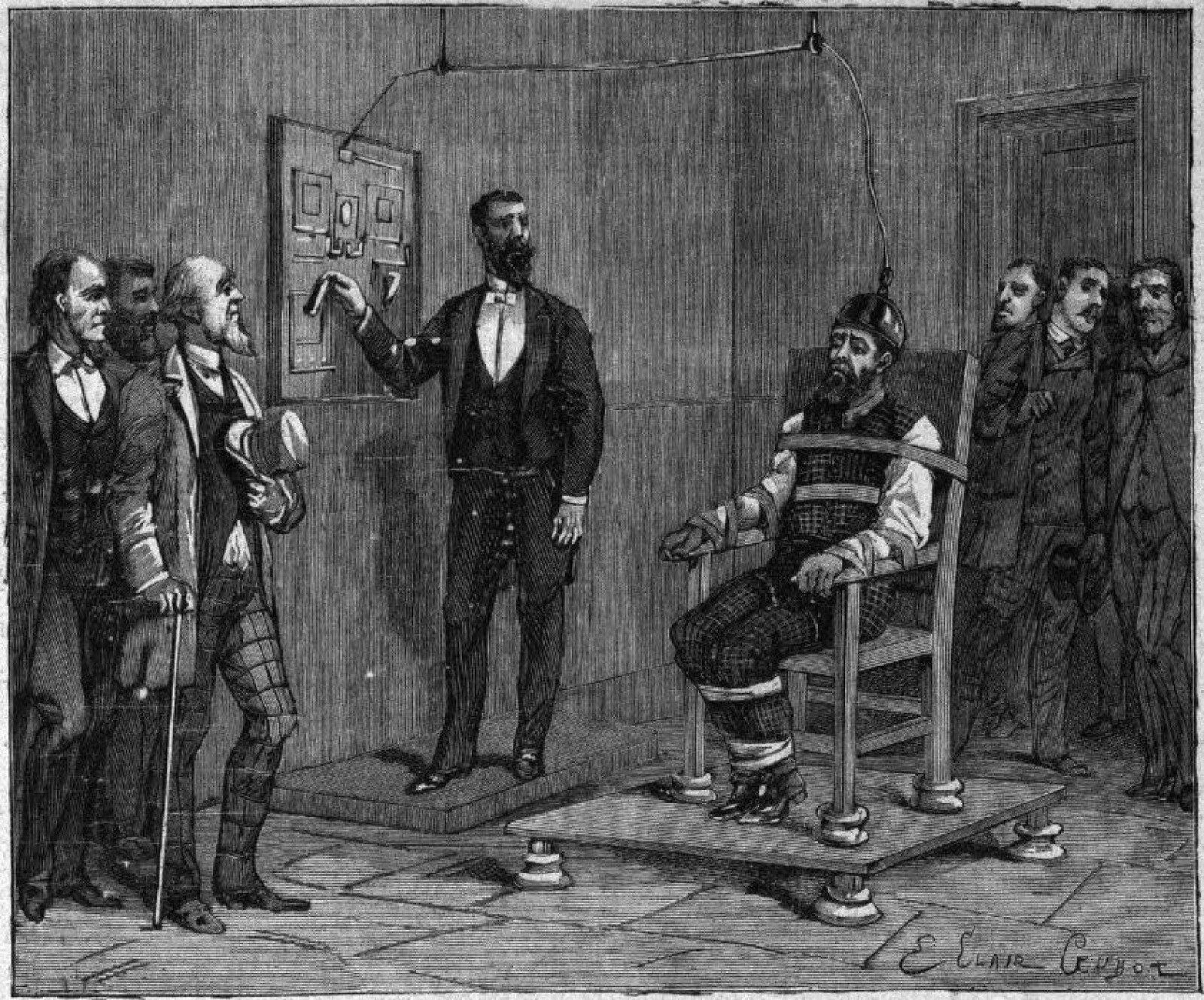 <b>FØRSTE HENRETTELSE:</b> Illustrasjonen viser den aller første gangen den elektriske stolen ble tatt i bruk ved dødsstraff. Den dødsdømte het William Kemmler, stedet var Auburn fengsel i delstaten New York, datoen var 6. august 1890.