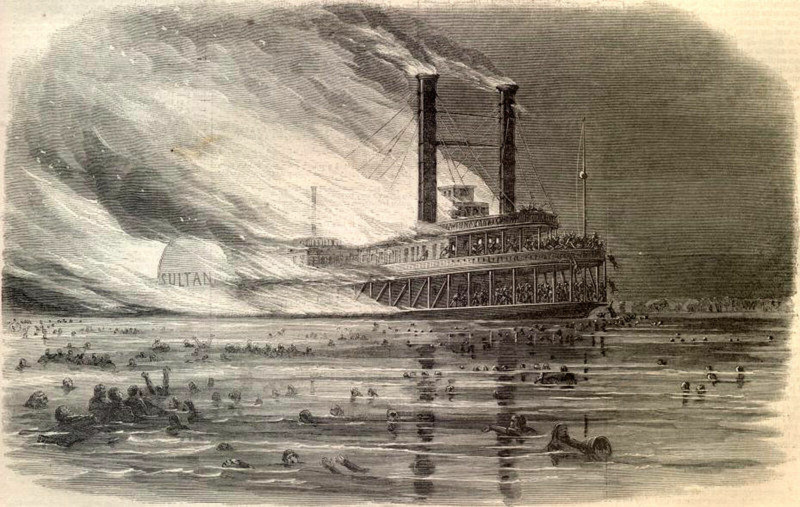 <b>EKSPLODERTE:</b> En lekkasje i en dampkjele var trolig årsak til eksplosjonen om bord på Sultana, her tegnet av ukjent opphavsmann.
